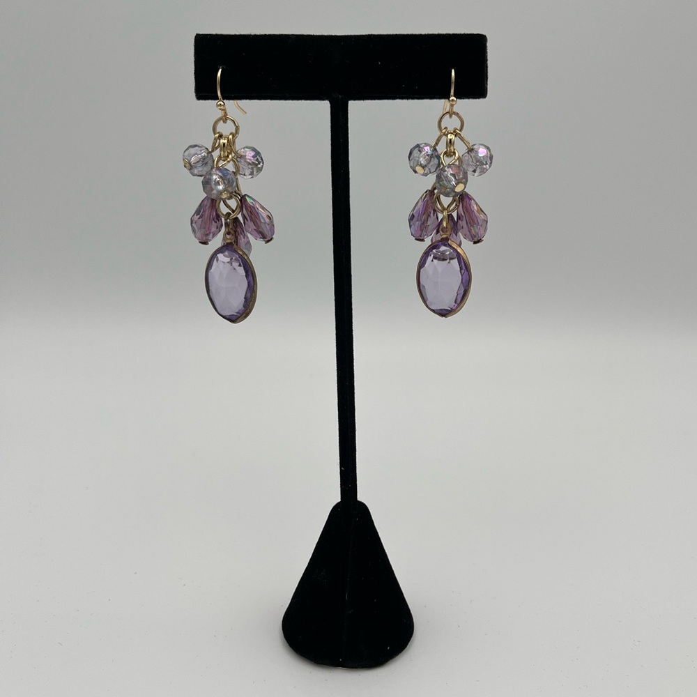 Cascading Teardrop Bead Earrings – Purple & Clear Statement Dangles